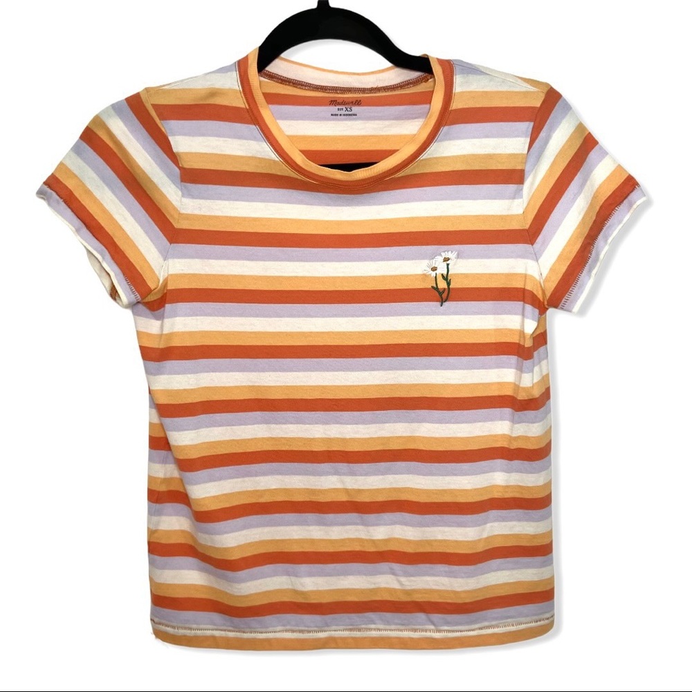 Madewell Orange Lavender Striped Embroidered Flower Tee 100% Cotton XS